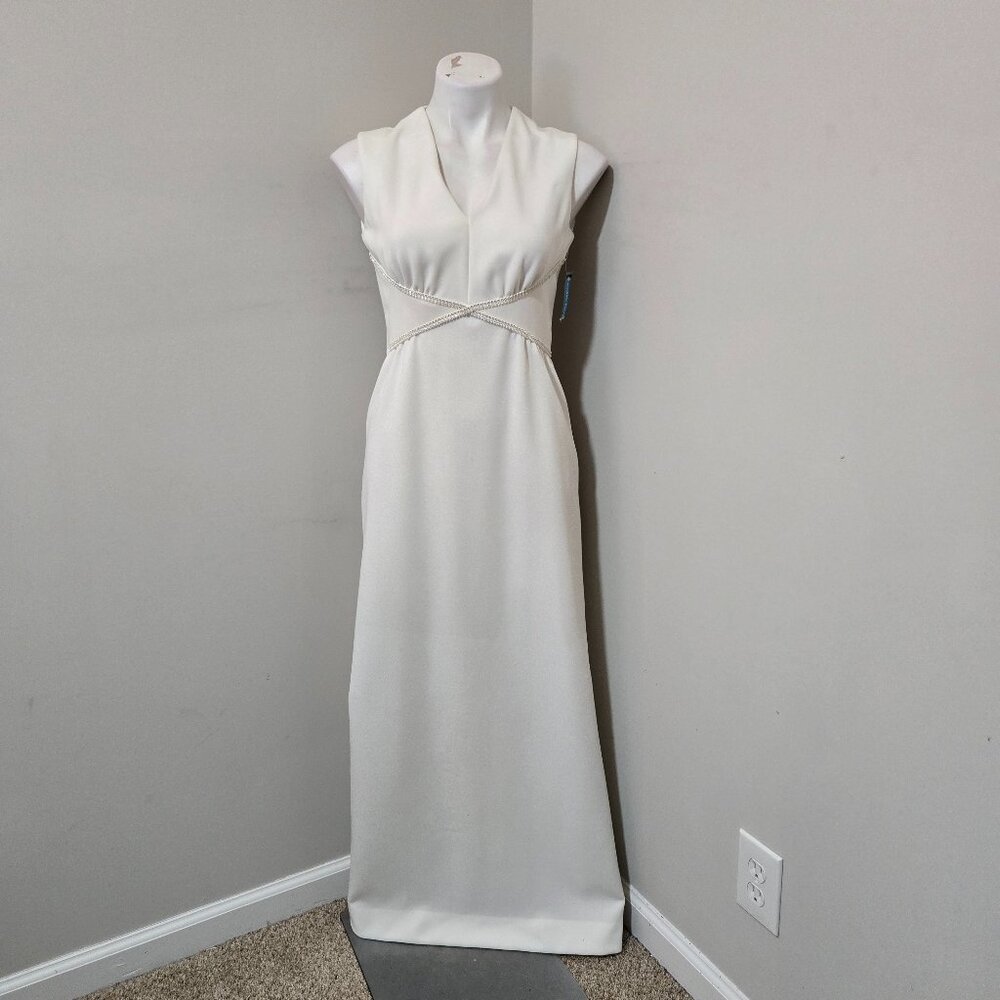 Sz 8 (fits 4) NWT 70s Vintage Leslie Fay Knits Off-White Column Gown Crystals